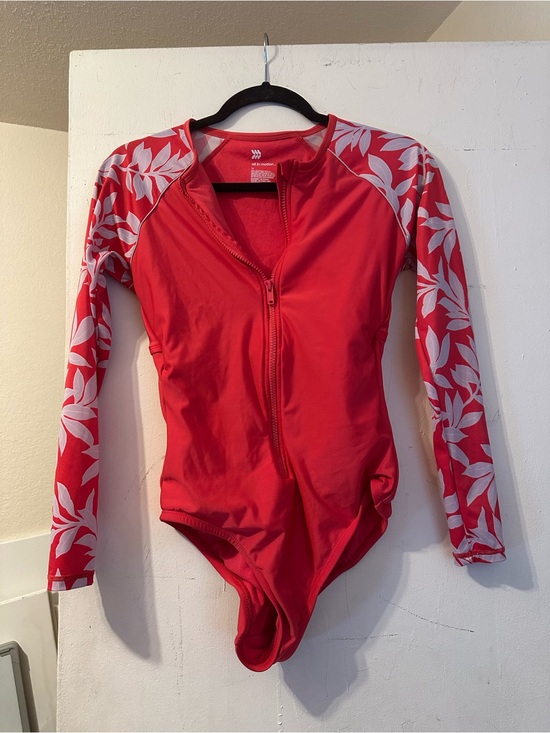 Other - Red Long Sleeve Zip Front One-Piece Swimwear with White Leaf Print Sleeves